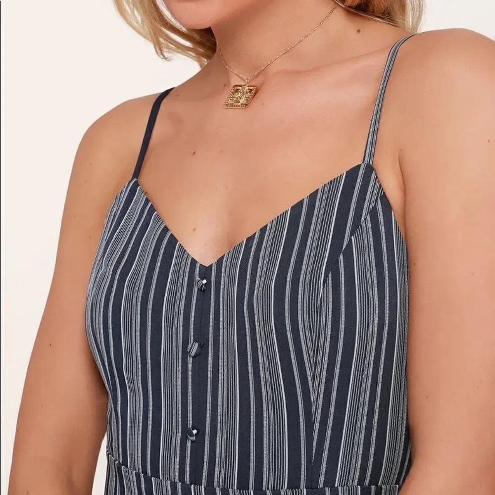 Navy Blue Striped Button-Front Mini Dress - Picture 4 of 14